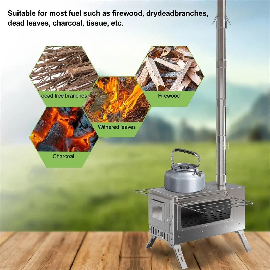 Portable Wood Stove with 6 Stainless Chimney Pipes